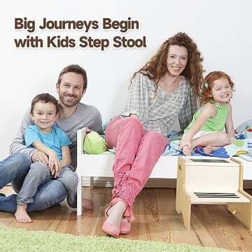 WOOD CITY Kids Step Stool for Toddler, Wooden Natural-White Patchwork Two Step Children's Stool with Handles, Bonus Non-Slip Pads for Safety, Bathroom Potty Stool & Kitchen Step Stools Dual Height