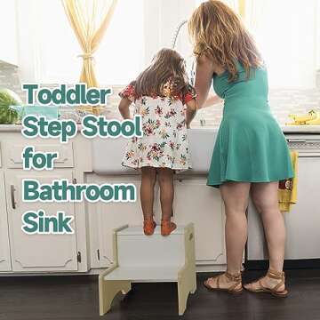 WOOD CITY Kids Step Stool for Toddler, Wooden Natural-White Patchwork Two Step Children's Stool with Handles, Bonus Non-Slip Pads for Safety, Bathroom Potty Stool & Kitchen Step Stools Dual Height