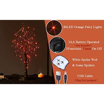 LITBLOOM Halloween Tree Lights with Timer 80L Orange Fairy Lights, Lighted Spooky Tree Battery Opera...
