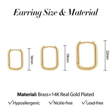 Sloong 3pairs Hoop Earrings Set 14K Gold Plated Lightweight Hypoallergenic Chunky Square Hoop Earrings Gold Rectangle Earring for Women Gift