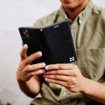 SafeSleeve EMF Protection Anti Radiation iPhone Case: iPhone 13, 13 Pro RFID Card Holder Blocking Wallet, Adjustable Stand Cell Phone Case, Vegan Leather for Women & Men (Black)