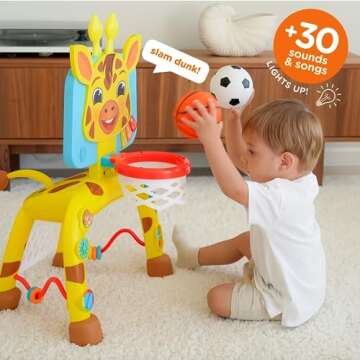 Move2Play, Giraffe Basketball Hoop & Soccer Goal Activity Center | 30+ Sounds & Lights | 1, 2, 3+ Ye...