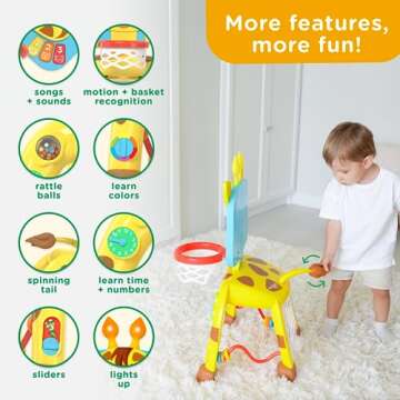 Move2Play, Giraffe Basketball Hoop & Soccer Goal Activity Center | 30+ Sounds & Lights | 1, 2, 3+ Year Old Gift & Birthday Present | 6, 12, 18, 24+ Month Toy For Baby, Toddler, Boys, & Girls