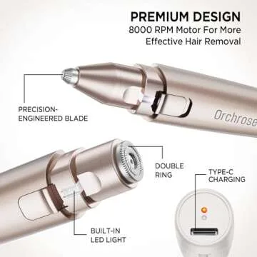 Facial Hair Remover Eyebrow Trimmer: Portable Rechargeable 2 in 1 Face Shaver for Women - Painless Electric Hair Removal Device for Face Eyebrows Peach Fuzz Lips with Light (Pearl White) (Rose Gold)