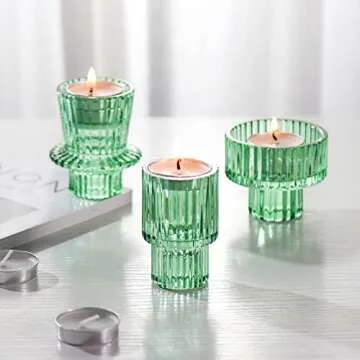 SPETYORT Glass Candle Holders Set of 3 - Candlesticks Holders for Tabletop Decoration Multipurpose Decorative Candle Holder for Pillar/Taper/Tealight Candles (Green, 3PCS)