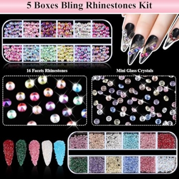 Umillars 5 Boxes Colorful Nail Gems Rhinestones Kit
