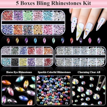 Umillars 5 Boxes Colorful Nail Gems Rhinestones Kit