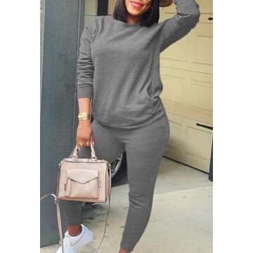 Fixmatti Ladies 2 Piece Jogger Set Casual Sweatshirt with Sweatpants Sweatsuit Solid Tracksuit Dark Grey 2XL