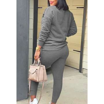 Fixmatti Ladies 2 Piece Jogger Set Casual Sweatshirt with Sweatpants Sweatsuit Solid Tracksuit Dark Grey 2XL