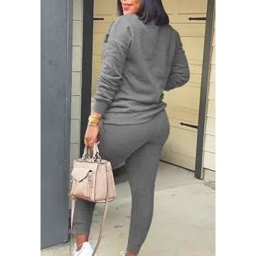 Fixmatti Ladies 2 Piece Jogger Set Casual Sweatshirt with Sweatpants Sweatsuit Solid Tracksuit Dark Grey 2XL