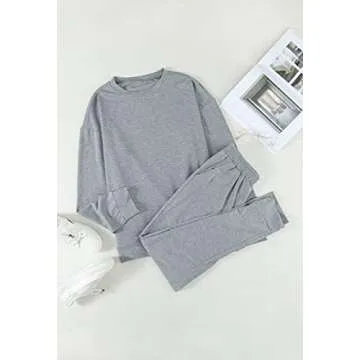 Fixmatti Ladies 2 Piece Jogger Set Casual Sweatshirt with Sweatpants Sweatsuit Solid Tracksuit Dark Grey 2XL