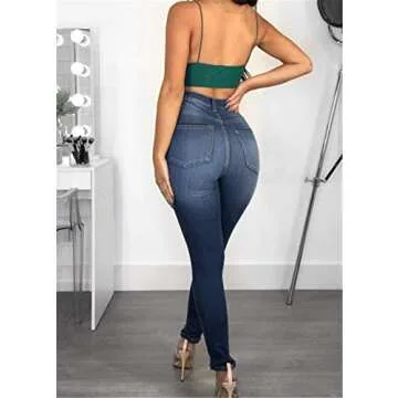 Women's High Waisted Butt Lift Stretch Ripped Skinny Jeans Distressed Denim Pants US 12 Blue 6027