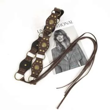 ILuvatar Women's tassel knotted belt PU belt women's Bohemian style rivet belt Punk knotted waist rope coffee