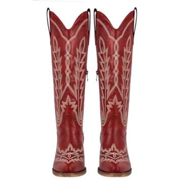 Yolkomo Cowboy Boots for Women Wide Calf Distressed Cowgirl Boots Square toe Low Heel Embroidered We...