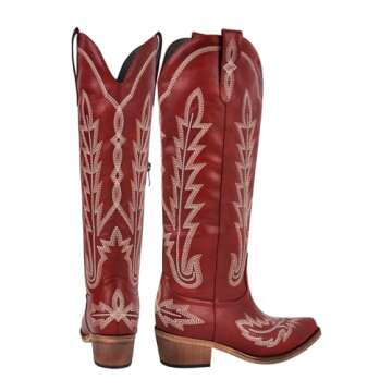 Yolkomo Cowboy Boots for Women Wide Calf Distressed Cowgirl Boots Square toe Low Heel Embroidered Western Boots Pointed Toe Pull-On Leather Mid-Calf High Boots Red Size 10