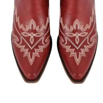 Yolkomo Cowboy Boots for Women Wide Calf Distressed Cowgirl Boots Square toe Low Heel Embroidered Western Boots Pointed Toe Pull-On Leather Mid-Calf High Boots Red Size 10