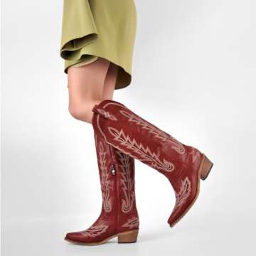 Yolkomo Cowboy Boots for Women Wide Calf Distressed Cowgirl Boots Square toe Low Heel Embroidered Western Boots Pointed Toe Pull-On Leather Mid-Calf High Boots Red Size 10