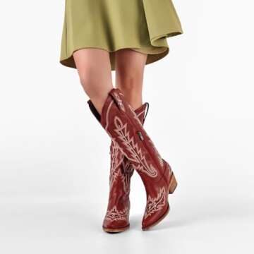 Yolkomo Cowboy Boots for Women Wide Calf Distressed Cowgirl Boots Square toe Low Heel Embroidered Western Boots Pointed Toe Pull-On Leather Mid-Calf High Boots Red Size 10