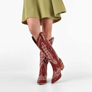 Yolkomo Cowboy Boots for Women Wide Calf Distressed Cowgirl Boots Square toe Low Heel Embroidered Western Boots Pointed Toe Pull-On Leather Mid-Calf High Boots Red Size 10