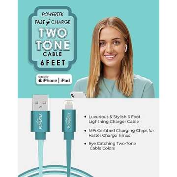 LIQUIPEL Powertek iPad & iPhone Charger Cable, Fast Charging 6ft MFI Certified Lightning to USB Cord, Two Tone (Teal)
