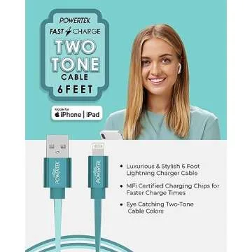 LIQUIPEL Powertek iPad & iPhone Charger Cable, Fast Charging 6ft MFI Certified Lightning to USB Cord, Two Tone (Teal)