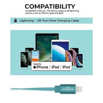 LIQUIPEL Powertek iPad & iPhone Charger Cable, Fast Charging 6ft MFI Certified Lightning to USB Cord, Two Tone (Teal)