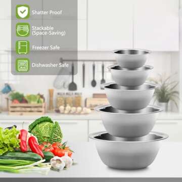 Ismosm Mixing Bowls Set, Stainless Steel Mixing Bowl Set of 5, Space-Saving Nesting Metal Mixing Bow...