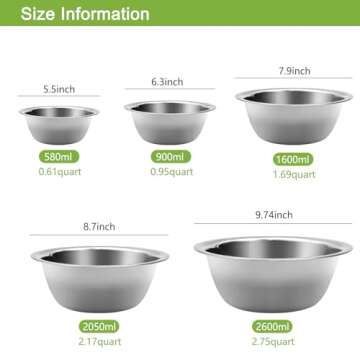Ismosm Mixing Bowls Set, Stainless Steel Mixing Bowl Set of 5, Space-Saving Nesting Metal Mixing Bowls for Home Kitchen, RV Kitchen, Baking, Prep, Cooking, Serving, Marinating