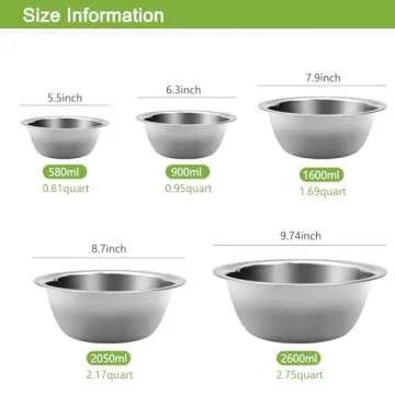 Ismosm Mixing Bowls Set, Stainless Steel Mixing Bowl Set of 5, Space-Saving Nesting Metal Mixing Bowls for Home Kitchen, RV Kitchen, Baking, Prep, Cooking, Serving, Marinating