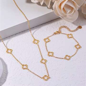 YADUDA Dainty Hollow Four Leaf Clover Necklace Bracelet Set Tiny Cute Clover Pendant Station Necklaces Bracelet for Women 18K Gold Plated Stainless Steel Lucky 4 Leaf Pendant Jewelry