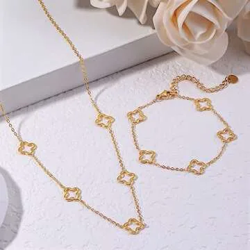 YADUDA Dainty Hollow Four Leaf Clover Necklace Bracelet Set Tiny Cute Clover Pendant Station Necklaces Bracelet for Women 18K Gold Plated Stainless Steel Lucky 4 Leaf Pendant Jewelry