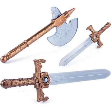 Medieval Knight in Shining Armor, Kids Crusader Pretend Role Play Plastic Costume Dress Up Cosplay with Toy Swords, Axe, Shield, Weapons & Accessories Playset