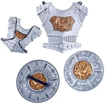 Medieval Knight in Shining Armor, Kids Crusader Pretend Role Play Plastic Costume Dress Up Cosplay with Toy Swords, Axe, Shield, Weapons & Accessories Playset