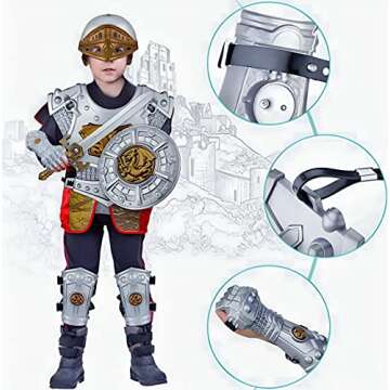 Medieval Knight in Shining Armor, Kids Crusader Pretend Role Play Plastic Costume Dress Up Cosplay with Toy Swords, Axe, Shield, Weapons & Accessories Playset