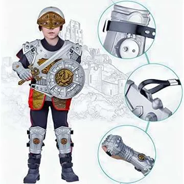 Medieval Knight in Shining Armor, Kids Crusader Pretend Role Play Plastic Costume Dress Up Cosplay with Toy Swords, Axe, Shield, Weapons & Accessories Playset