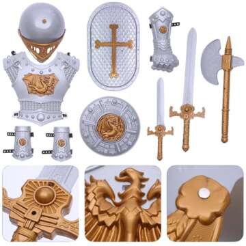 Medieval Knight in Shining Armor, Kids Crusader Pretend Role Play Plastic Costume Dress Up Cosplay with Toy Swords, Axe, Shield, Weapons & Accessories Playset