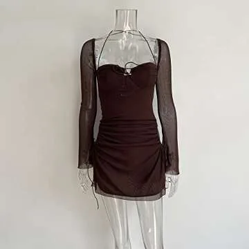 XLLAIS Women Long Puff Sleeve Mini Bodycon Mesh Dress Split Hem Clubwear (Brown, Medium)