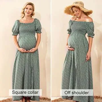 Floral Maternity Dress for Photoshoot Baby Shower, Square Neck Puff Sleeve Maternity Boho Smocked Pregnancy Dresses Green