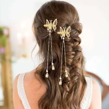 Bartosi Butterfly Clips Hair Gold Hair Barrettes Fluttering Tassel Hair Accessories Set for Women and Girls (Pack of 2)