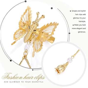 Bartosi Butterfly Clips Hair Gold Hair Barrettes Fluttering Tassel Hair Accessories Set for Women and Girls (Pack of 2)