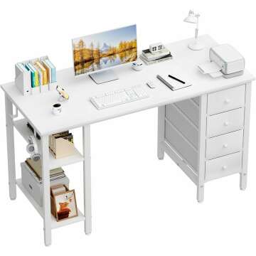 Lufeiya White Computer Desk with Drawers & Storage - 47 Inch Modern PC Table