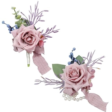 MAFELOE 2Pcs Homecoming Party Prom Artificial Wrist Corsage and Boutonniere Set, Groom Groomsmen Bri...