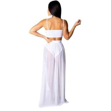 Women Sexy 2 Piece Outfits Dress Chiffon Strap Deep V Neck Bra Crop Top High Split Maxi Dresses Skir...