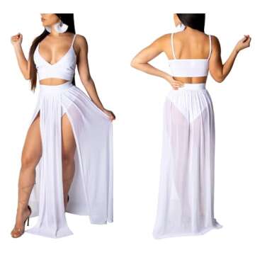 Women Sexy 2 Piece Outfits Dress Chiffon Strap Deep V Neck Bra Crop Top High Split Maxi Dresses Skirt Set White Medium