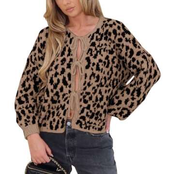 ACCPUR Leopard Print Bow Tie Cardigans for Women Cheetah Open Front Sweaters Cute Knit Fall Clothes Long Sleeve Coats Outwear