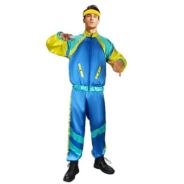 NIHONCOS Men 80s Party Costume Retro Jacket Pants Headband Shell Shiny Tracksuit Halloween Cosplay P...