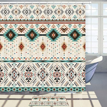 Aztec Shower Curtain Set, Southwestern Native Tribal Navajo American Ethnic Abstract Triangular Geom...