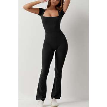 QINSEN Short Sleeve Jumpsuit for Women Square Neck Bodycon Wide Leg Long Pants Unitard Black S