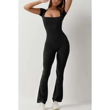 QINSEN Short Sleeve Jumpsuit for Women Square Neck Bodycon Wide Leg Long Pants Unitard Black S