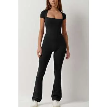 QINSEN Short Sleeve Jumpsuit for Women Square Neck Bodycon Wide Leg Long Pants Unitard Black S